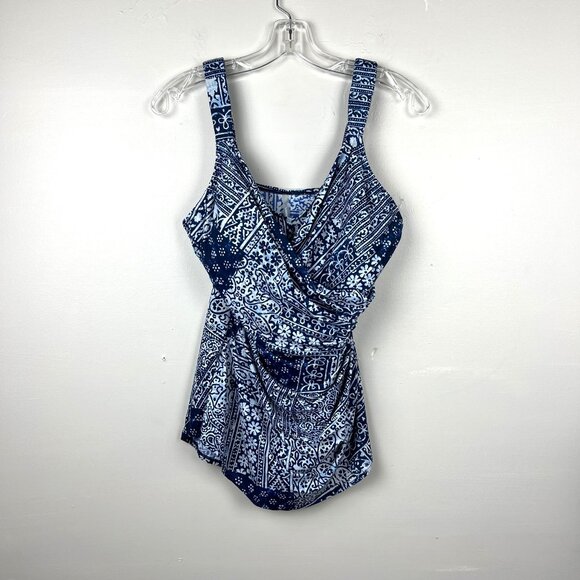 Lands' End Women's Blue One Piece Surplice Skirted Front Bathing Suit Size 12DD - Picture 1 of 8